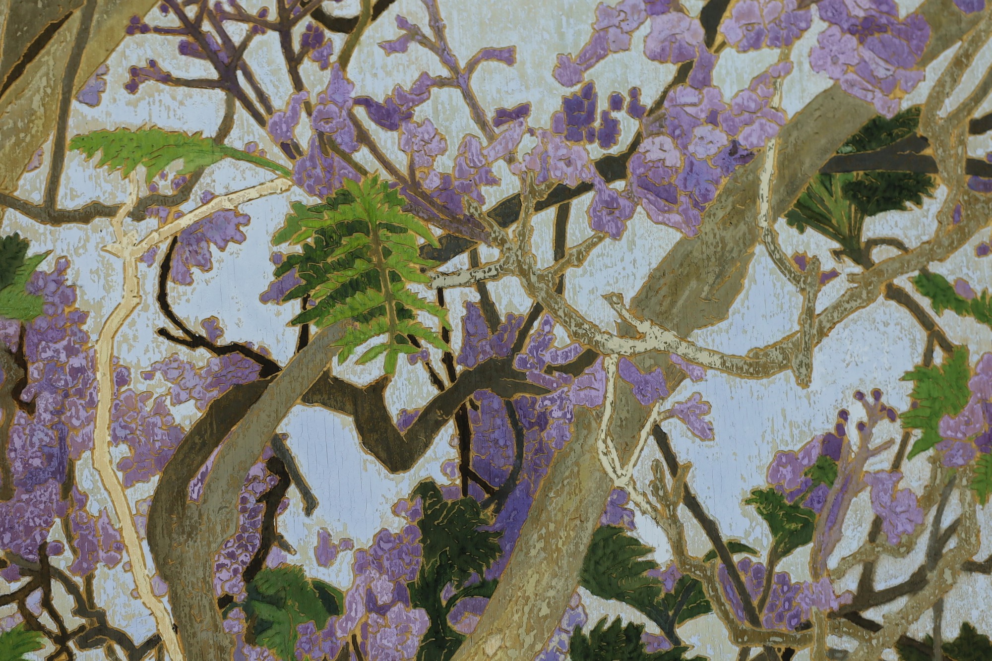 Cressida Campbell (Australian, 1960-), Jacaranda in full blossom, watercolour on incised marine ply
